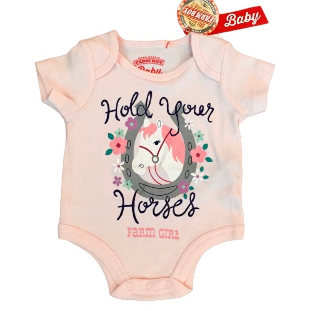 Farm Girl Brand 0-3 Months Baby Pink Hold Your Horses Floral Onsie